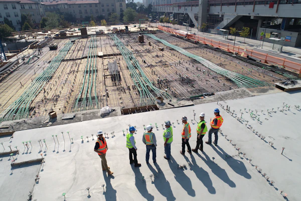 Construction workers reviewing building plans on site — building quotes guide South Africa 2026